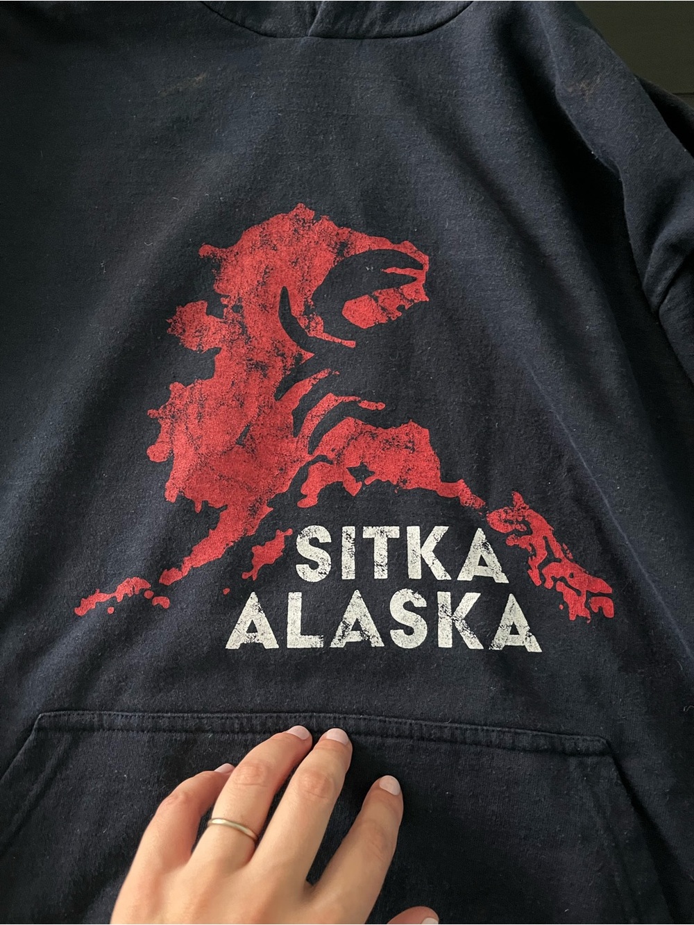 Pact Navy Crewneck Sweatshirt with Red Alaska Graphic